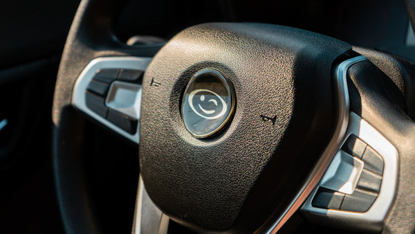 A close up of the Wink logo on a steeringwheel.